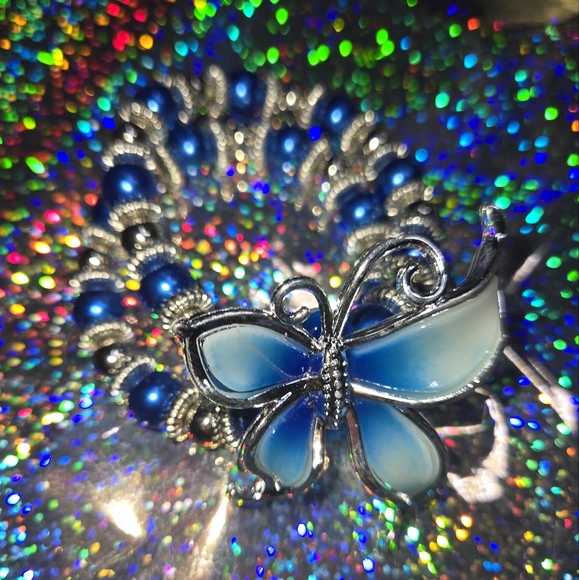 Fashion Jewelry I Butterfly Double Bracelet I Faux Blue Pearl I Expandable Band - Picture 3 of 5